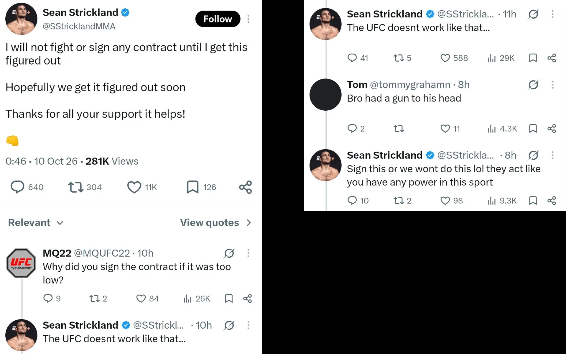 Screengrabs of Sean Strickland's X posts about his UFC pay dispute